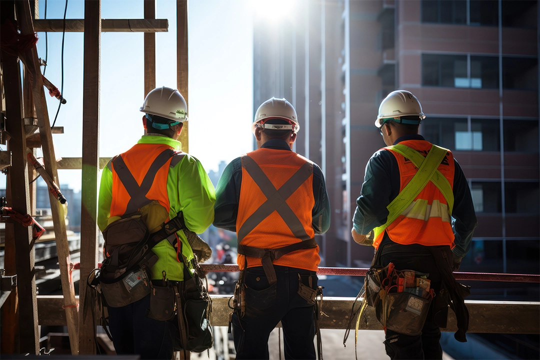 Three construction workers in safety gear observe the skyline from a high vantage point, bathed in sunlight.